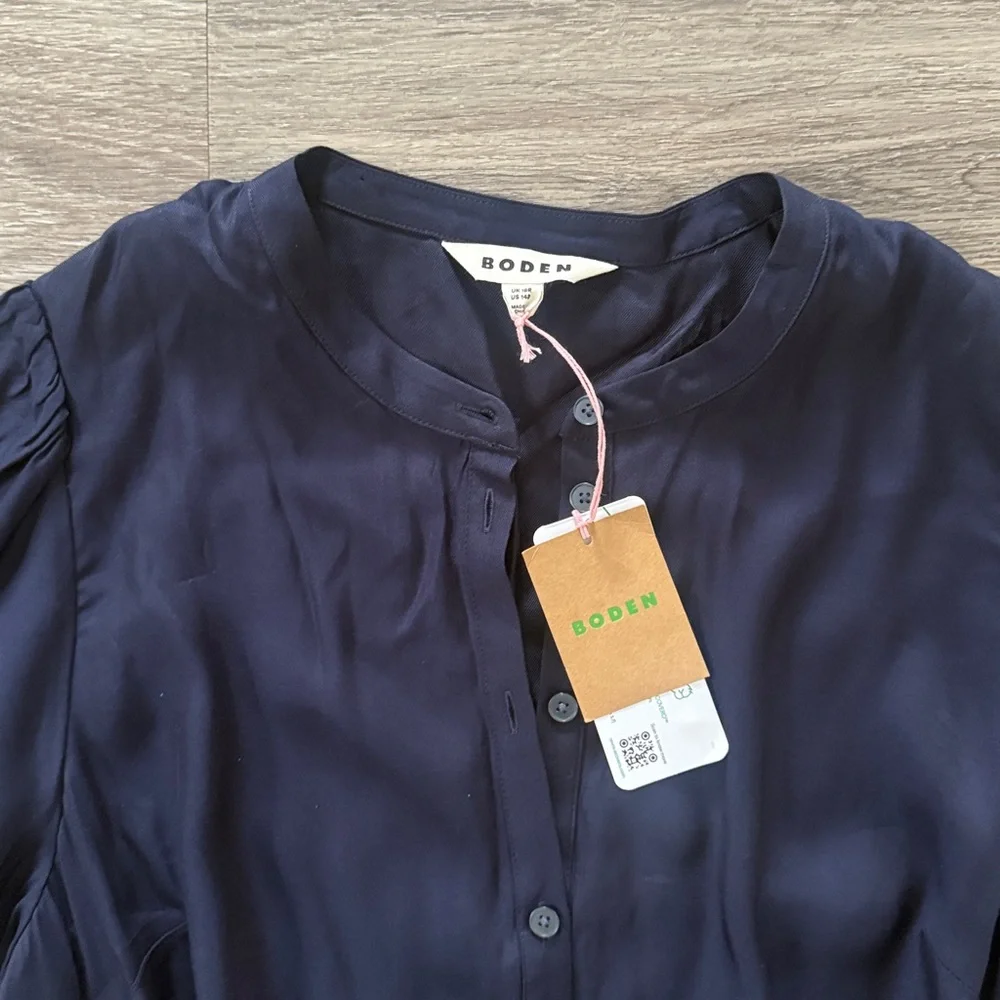 Boden Midnight Blue Button Front Linen Shirt Midi Dress 14R Collarless Classic